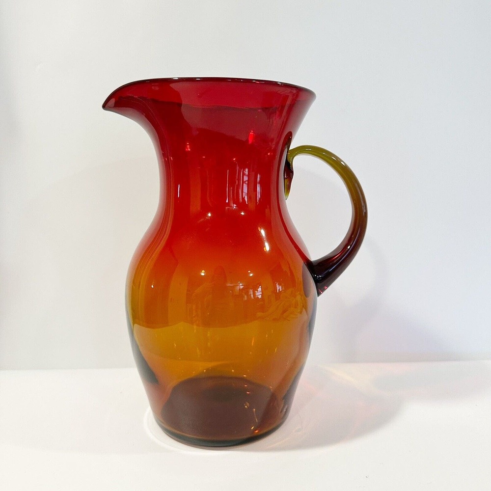 Amberina Ombré Style Hand Blown Red Amber Clear Glass Pitcher Amber Handle 9.5”